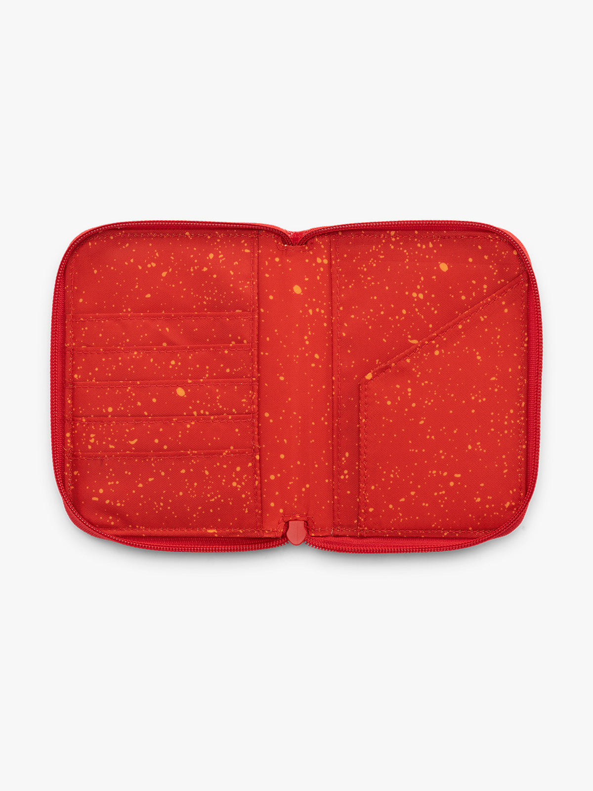 CALPAK Terra Zip Passport Wallet in red Flame opened; ATPW2501-FLAME