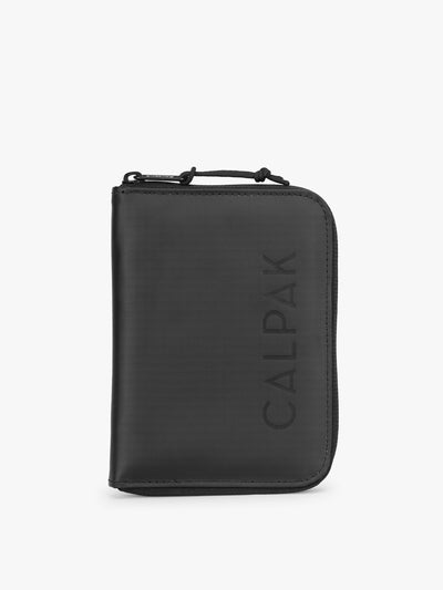 CALPAK Terra Zippered Passport Wallet in black Matte Obsidian front view; ATPW2501-MATTE-OBSIDIAN view 1