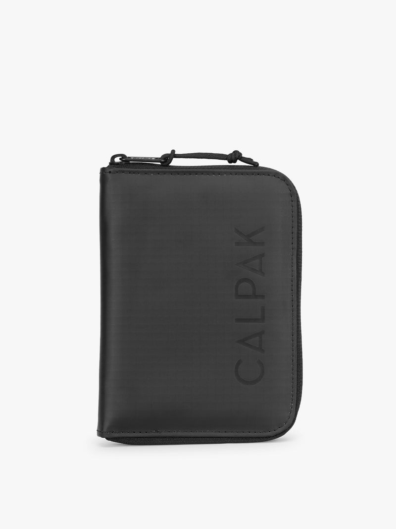 CALPAK Terra Zippered Passport Wallet in black Matte Obsidian front view