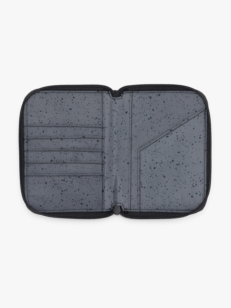 CALPAK Terra Zippered Passport Wallet in black Matte Obsidian opened view