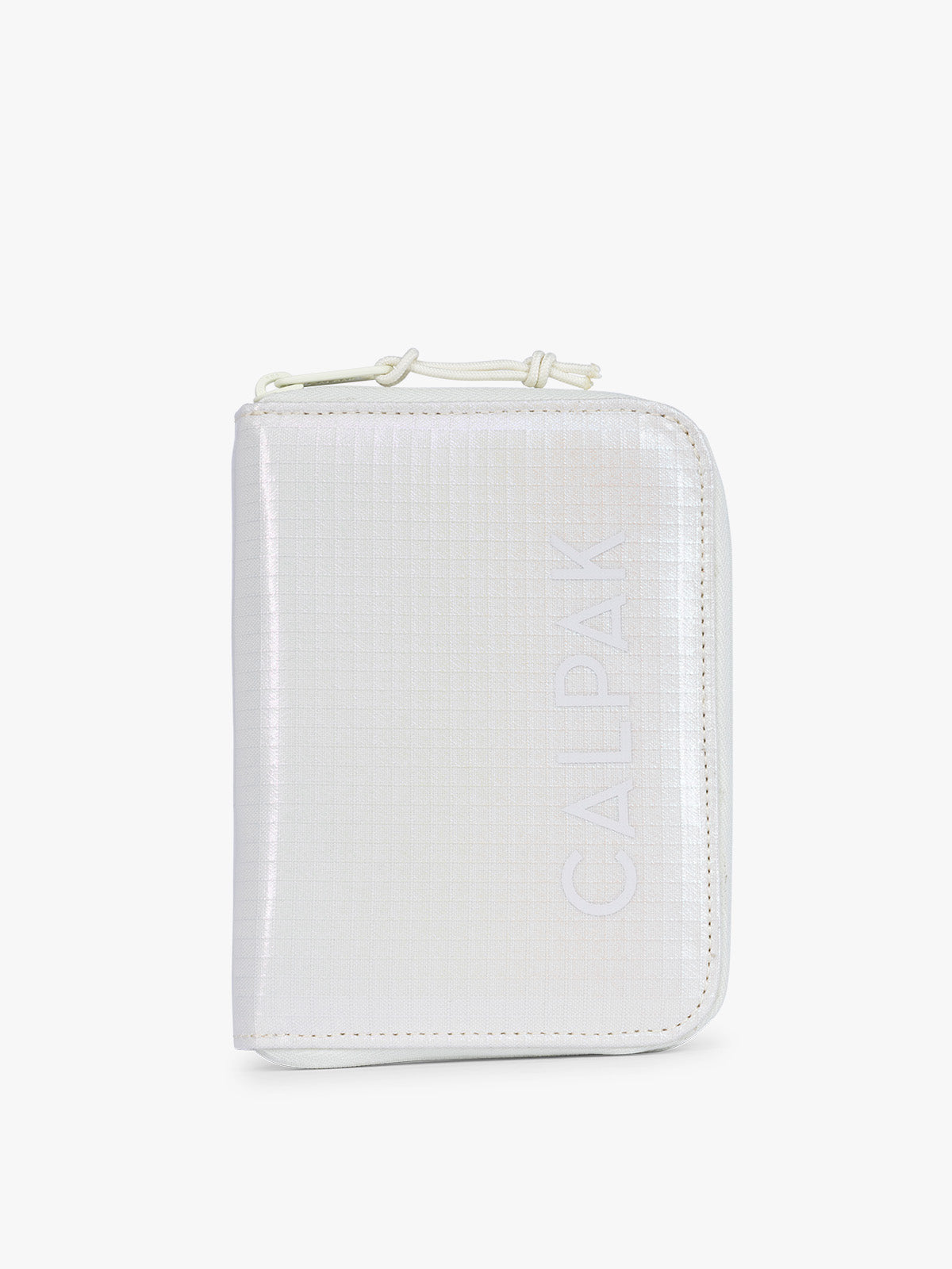 Front side of CALPAK Terra Zip Passport Wallet in shiny white Moonbeam; ATPW2501-MOONBEAM