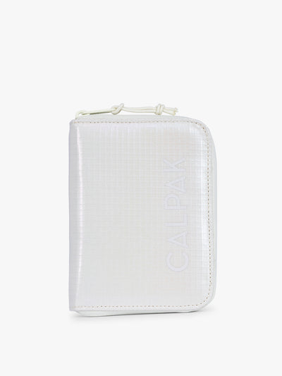 Front side of CALPAK Terra Zip Passport Wallet in shiny white Moonbeam; ATPW2501-MOONBEAM view 1