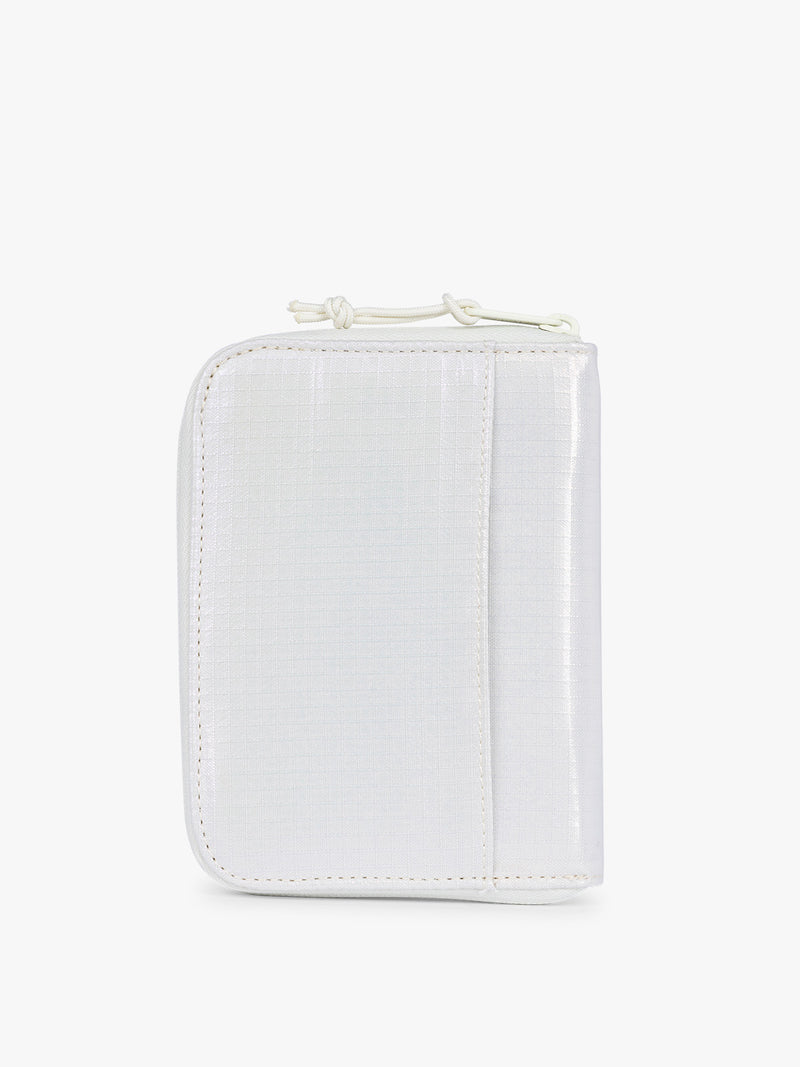 Backside of Front side of CALPAK Terra Zip Passport Wallet in shiny white Moonbeam