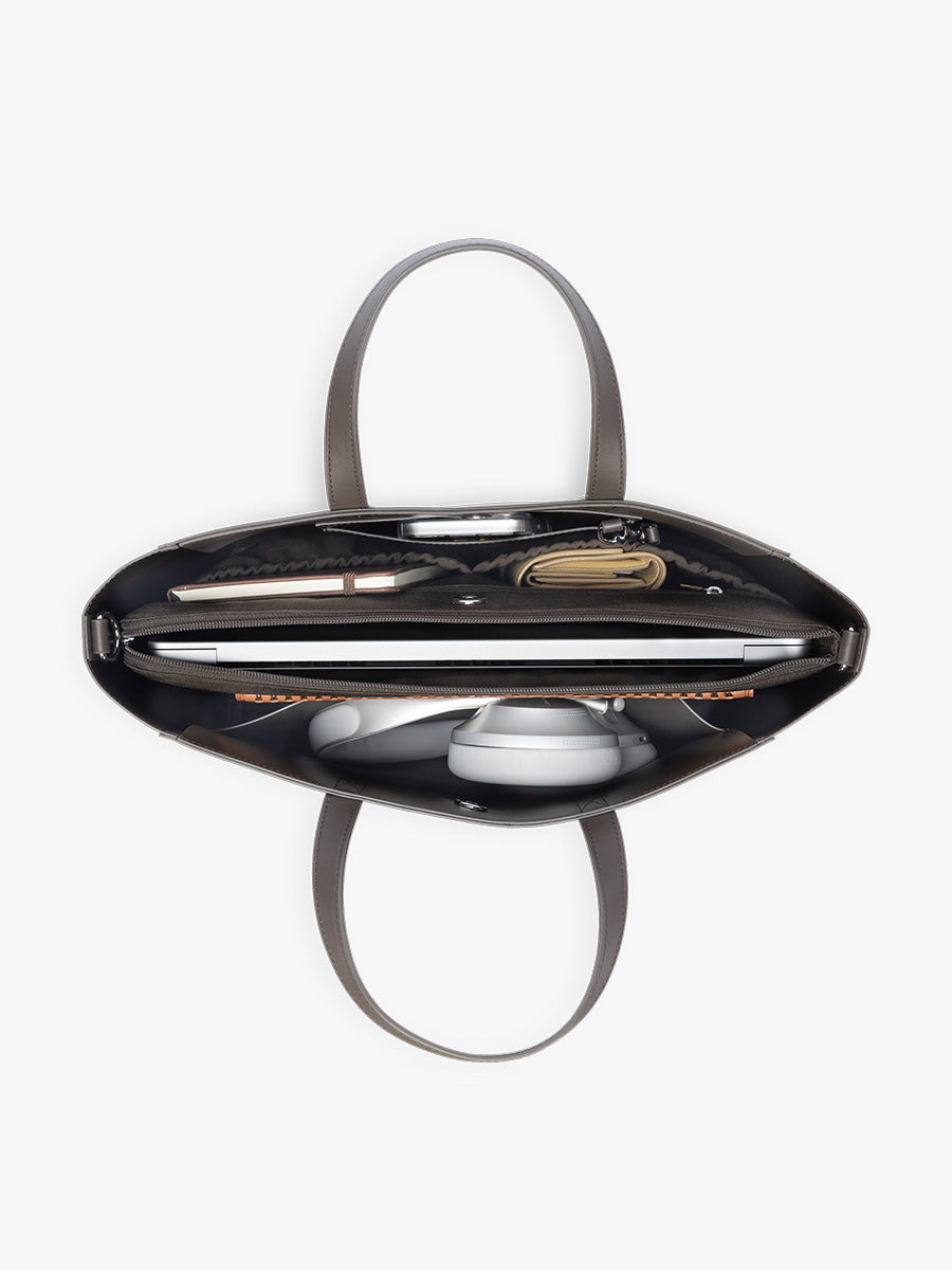 Open interior  of CALPAK Haven 15" Laptop Tote in dark brown Mushroom; ATS2501-MUSHROOM