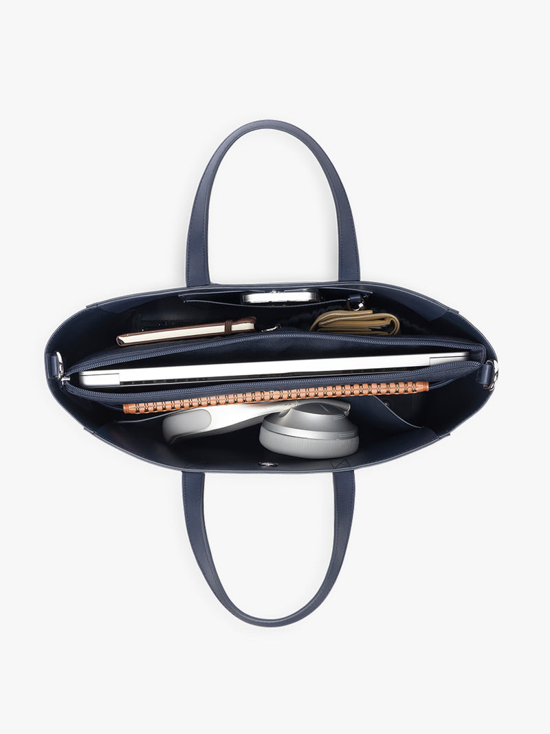 Open interior of CALPAK Haven 15" Laptop Tote in dark blue Navy