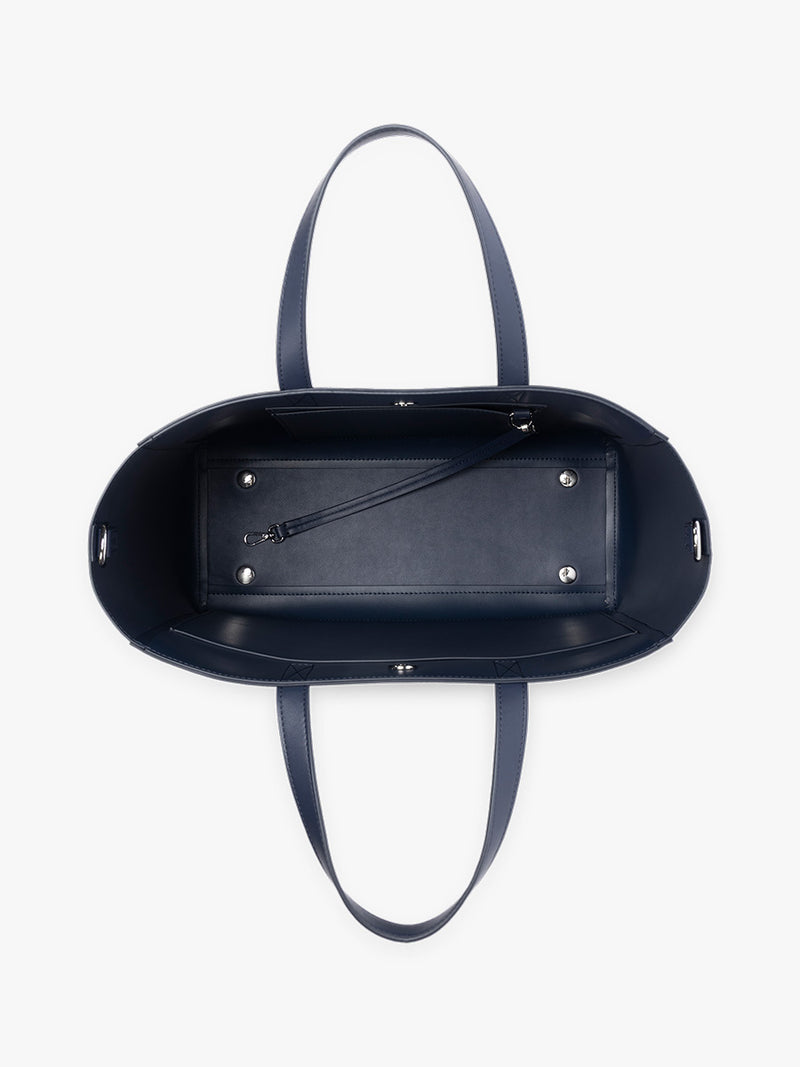 Open interior of CALPAK Haven 15" Laptop Tote in dark blue Navy