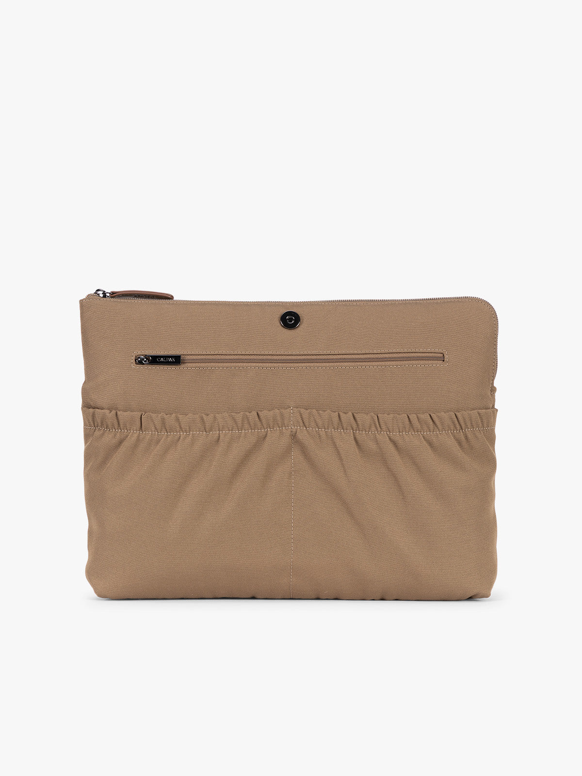 Laptop sleeve of CALPAK Haven 15" Laptop Tote in Truffle Suede taupe with dual top handles and a matching shoulder strap against a plain white background; ATS2501-TRUFFLE-FAUX-SUEDE