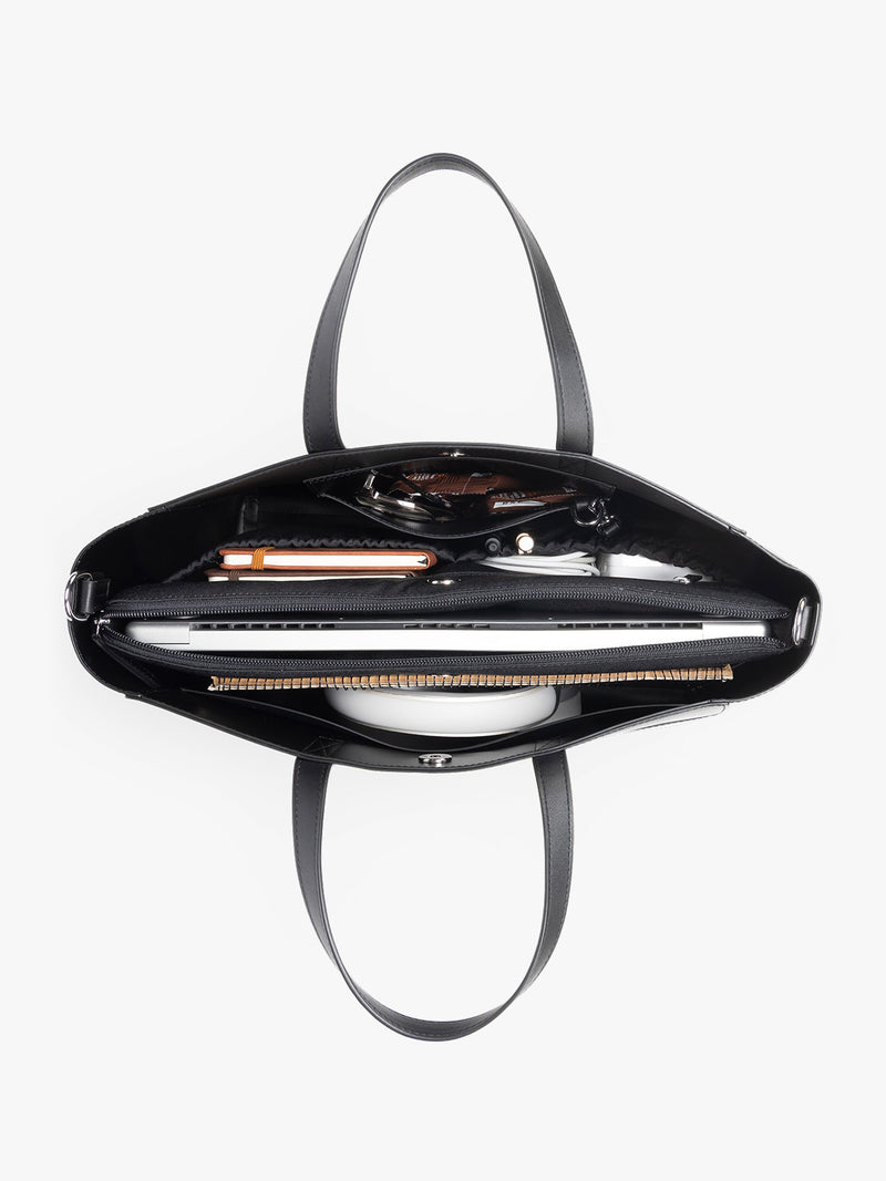 CALPAK Haven 15 inch Laptop Tote in black opened view filled with work essentials