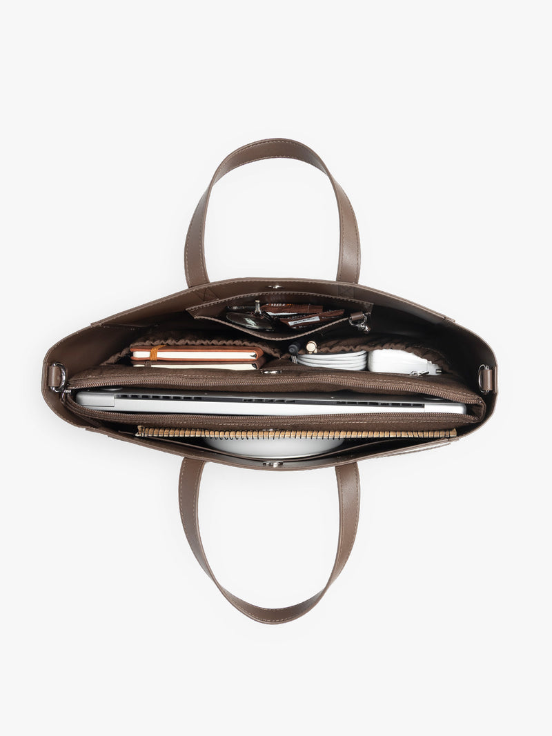 CALPAK Haven 15 inch Laptop Tote in dark brown Espresso opened view filled with work essentials