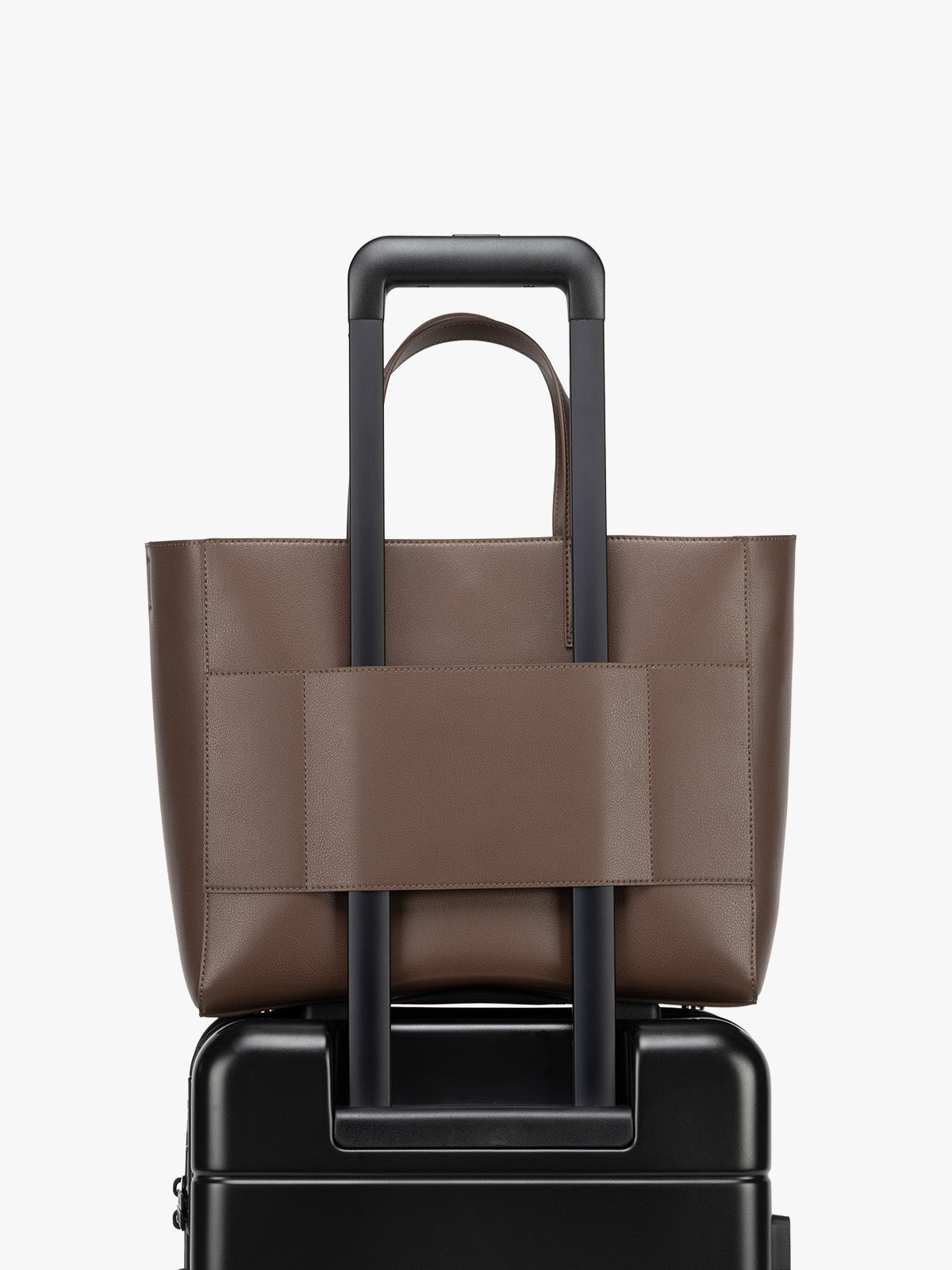 CALPAK Haven 15 inch Laptop Tote in dark brown Espresso with trolley sleeve; ATS2501-ESPRESSO