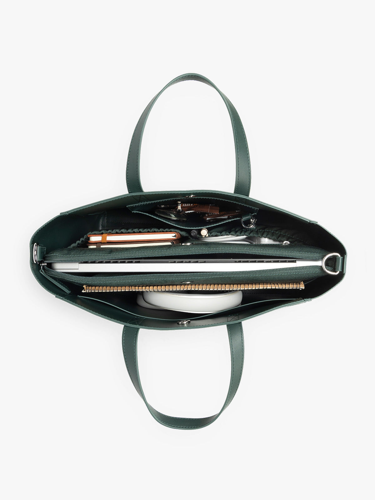 CALPAK Haven 15 inch Laptop Tote in dark green Forest opened view filled with work essentials; ATS2501-FOREST