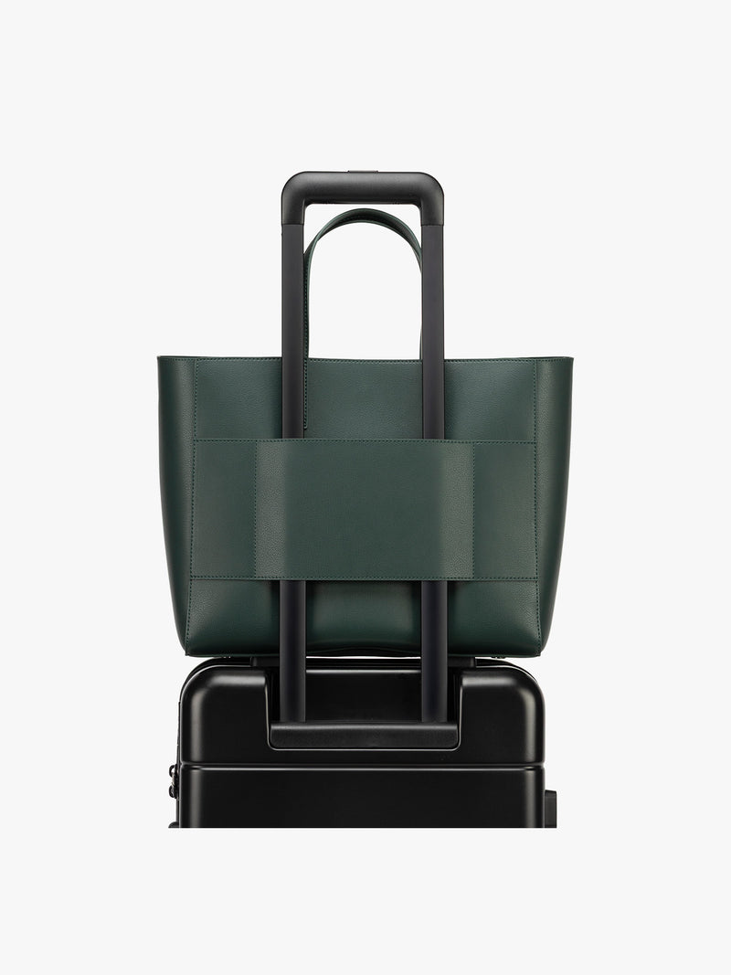 CALPAK Haven 15 inch Laptop Tote in dark green Forest with trolley sleeve