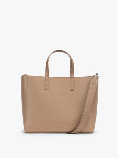 CALPAK Haven 15 inch Laptop Tote in beige Taupe front view; ATS2501-TAUPE view 1