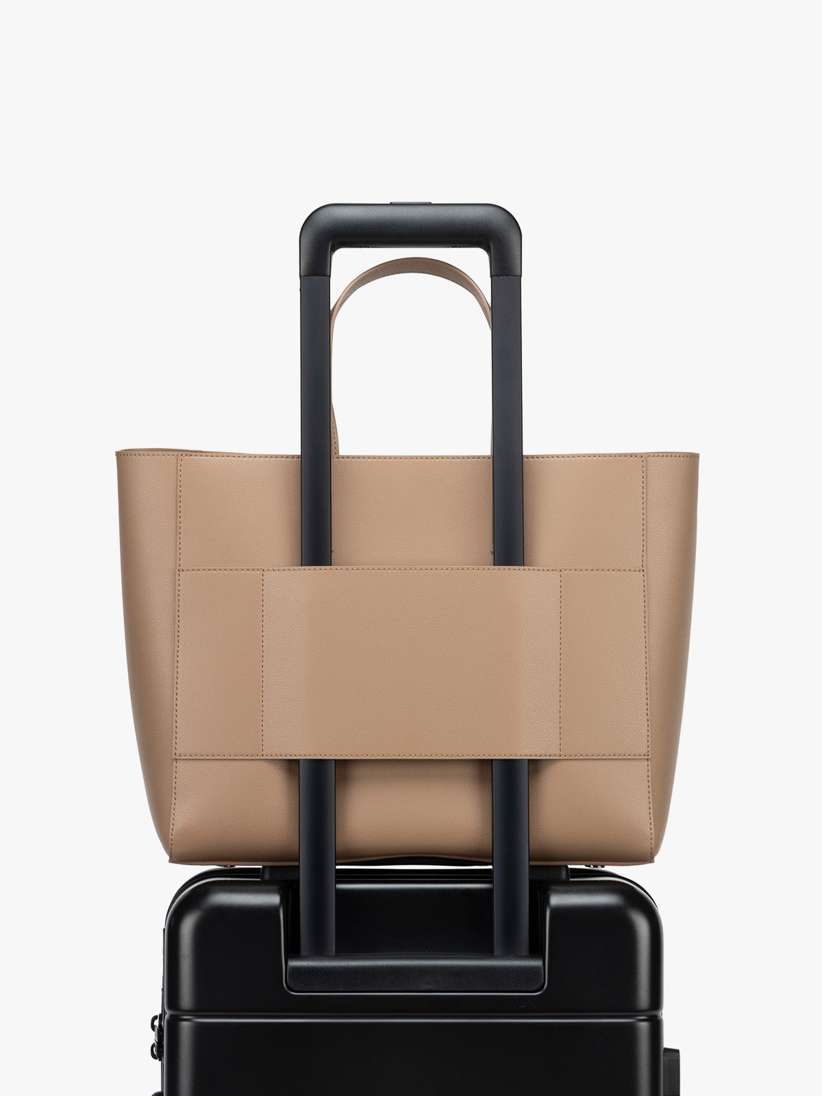 CALPAK Haven 15 inch Laptop Tote in beige Taupe with trolley sleeve; ATS2501-TAUPE