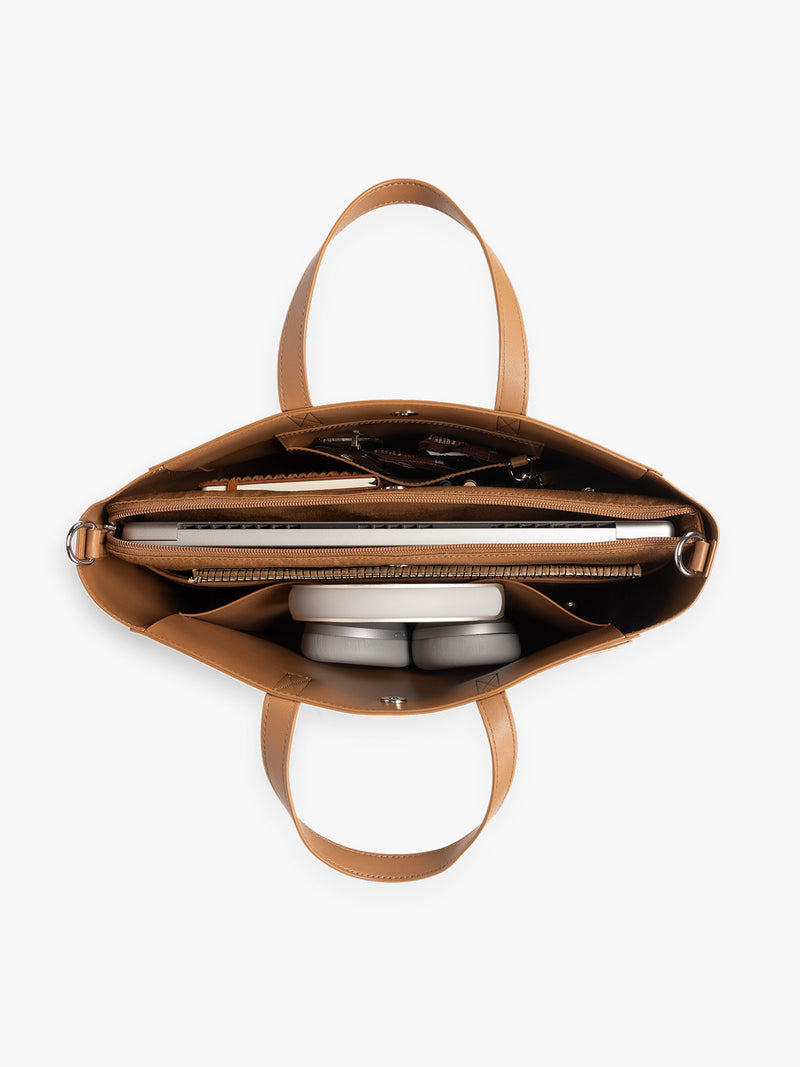 CALPAK Haven 15 inch Laptop Tote in brown Toffee opened view with work essentials