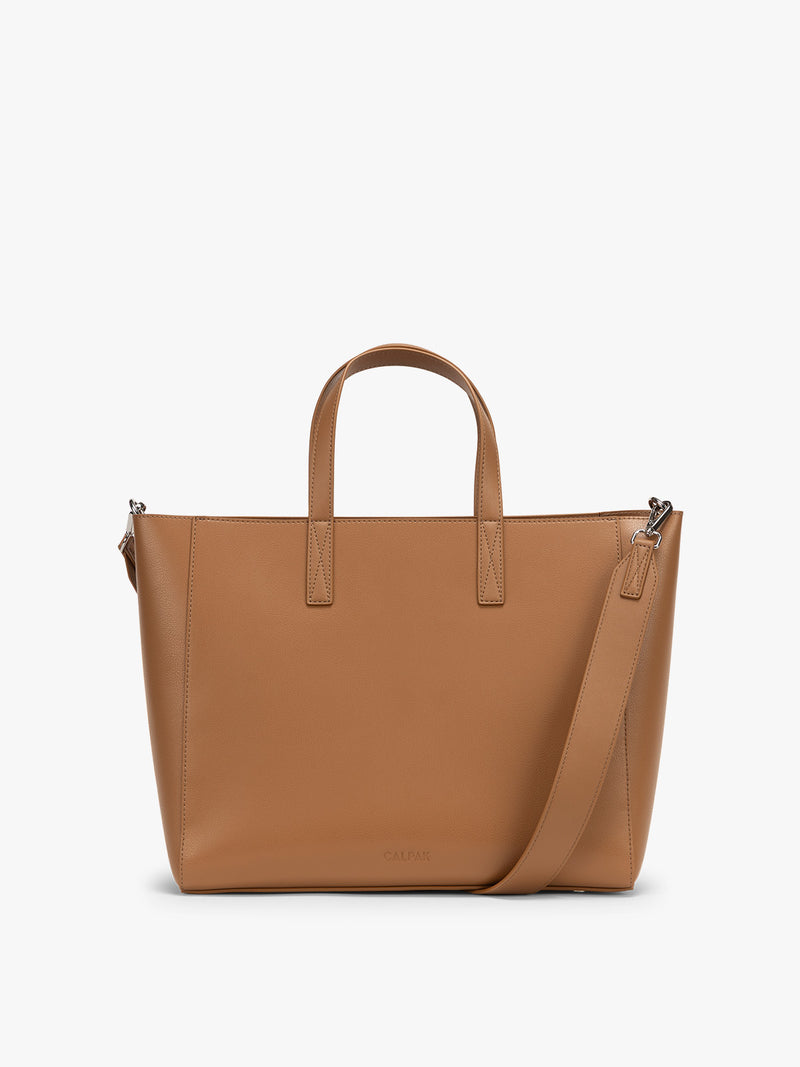 CALPAK Haven 15 inch Laptop Tote in brown Toffee front view with matching strap