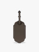 A dark brown CALPAK Vault luggage tag with a scalloped border and a matching dark brown strap, shown against a plain white background; ATV2601-MUSHROOM