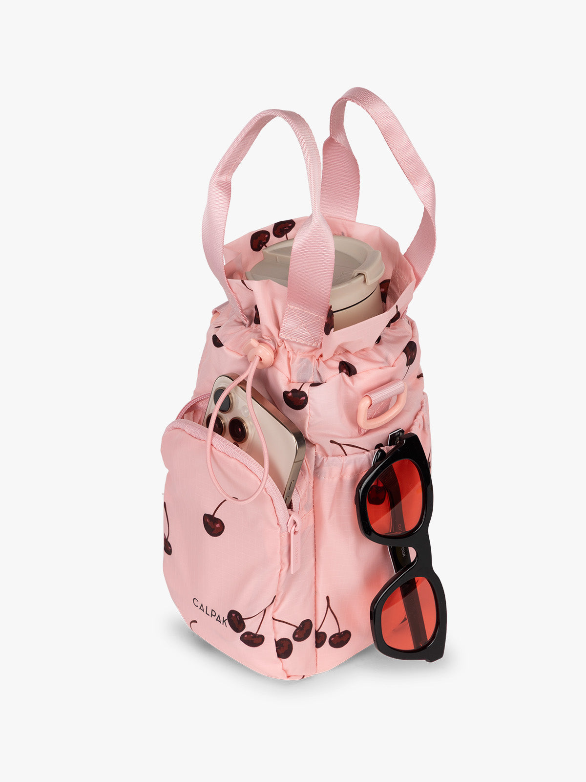 Water bottle in CALPAK Water Bottle Holder in Oatmeal Chery in pink with cherry pattern; AWH2101-BLOSSOM-CHERRY