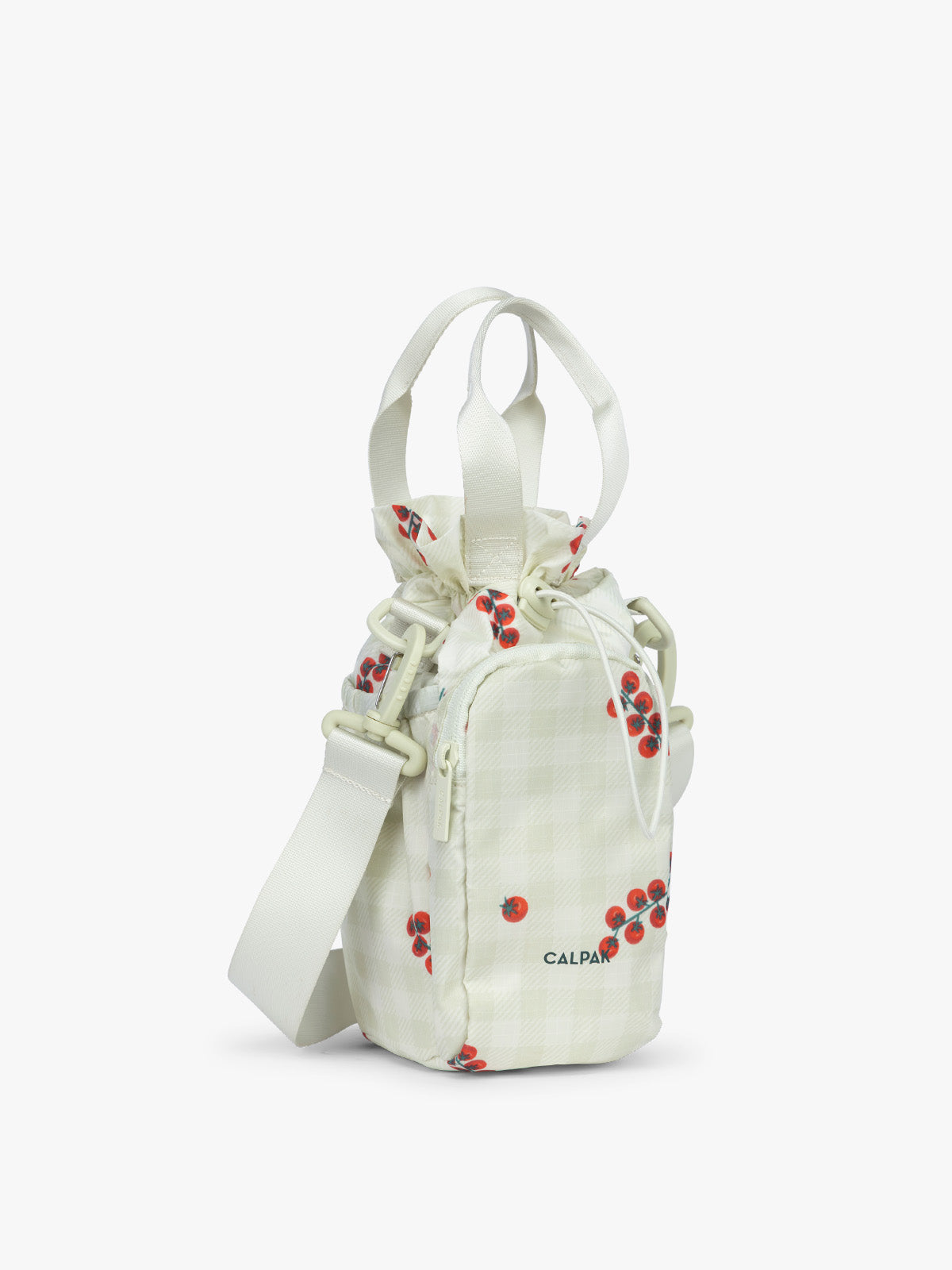 CALPAK Water Bottle Holder in light green Celadon and white gingham with tomato print; AWH2101-CELADON-TOMATO-PICNIC