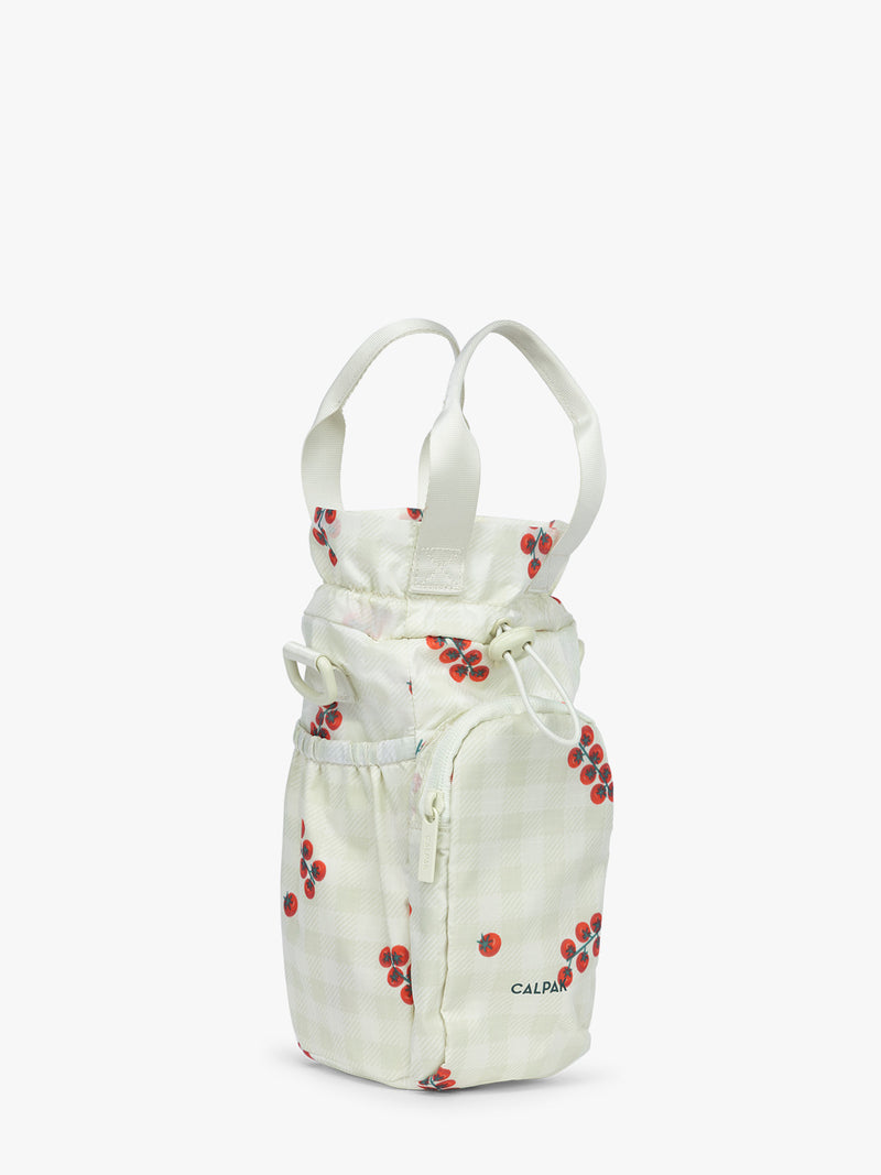 Opened with handle of CALPAK Water Bottle Holder in light green Celadon and white gingham with tomato print