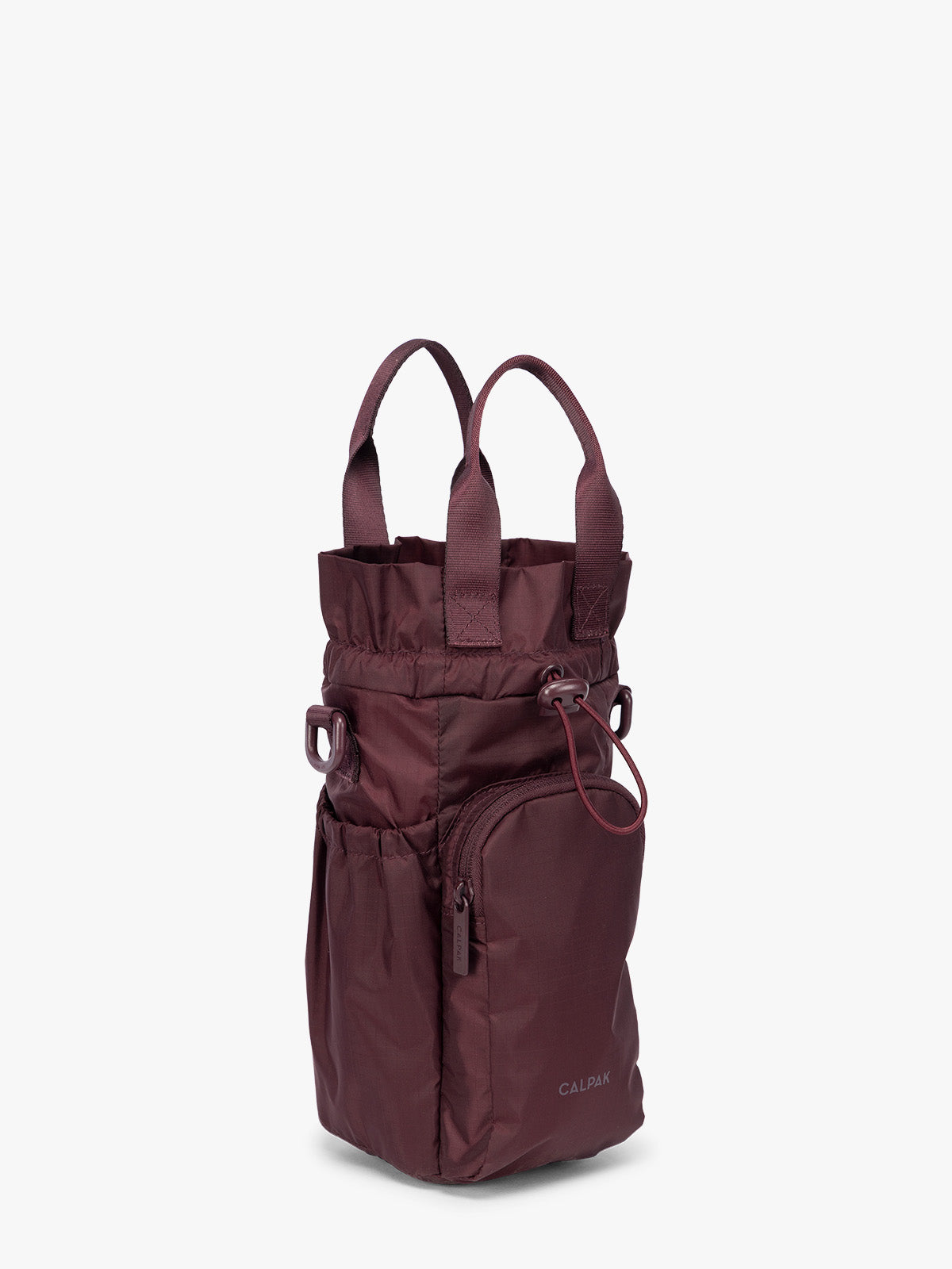 Burgundy Dark Cherry CALPAK Water Bottle Holder with top handles, drawstring top, front zippered pocket, and a detachable shoulder strap that is expandable; AWH2101-DARK-CHERRY