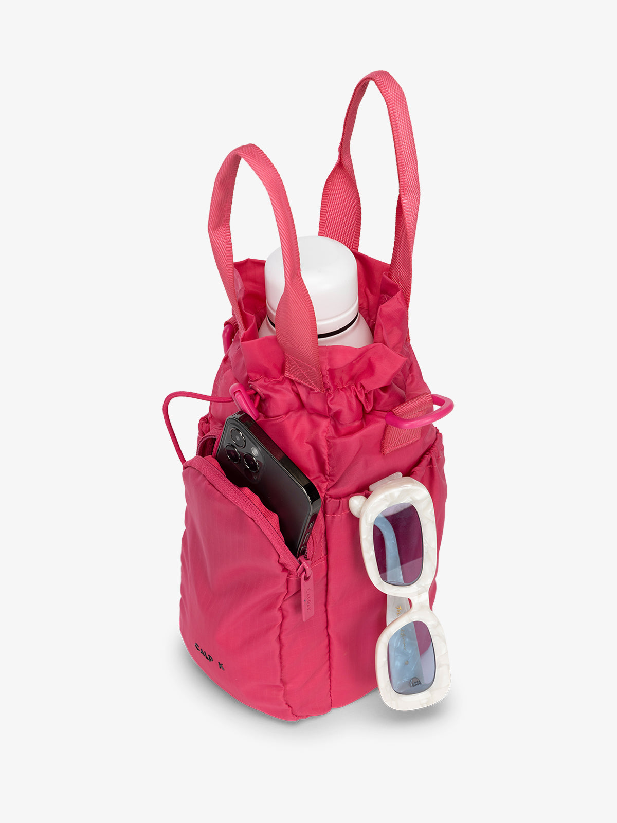 water bottle bag in fuscia pink with phone and sunglasses; AWH2101-DRAGONFRUIT