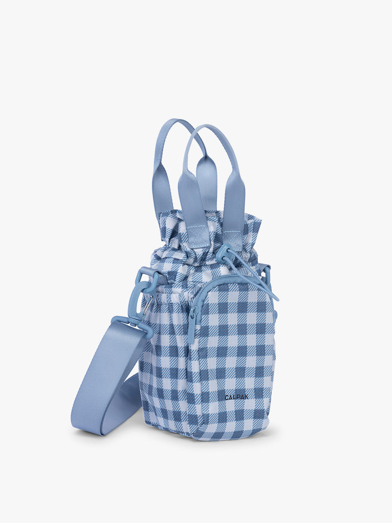 CALPAK Water Bottle Holder in blue and white checkered French Blue Gingham