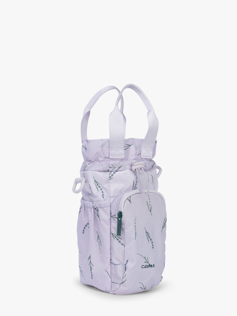 Opened CALPAK Water Bottle Holder in lavender purple with lavender flower print