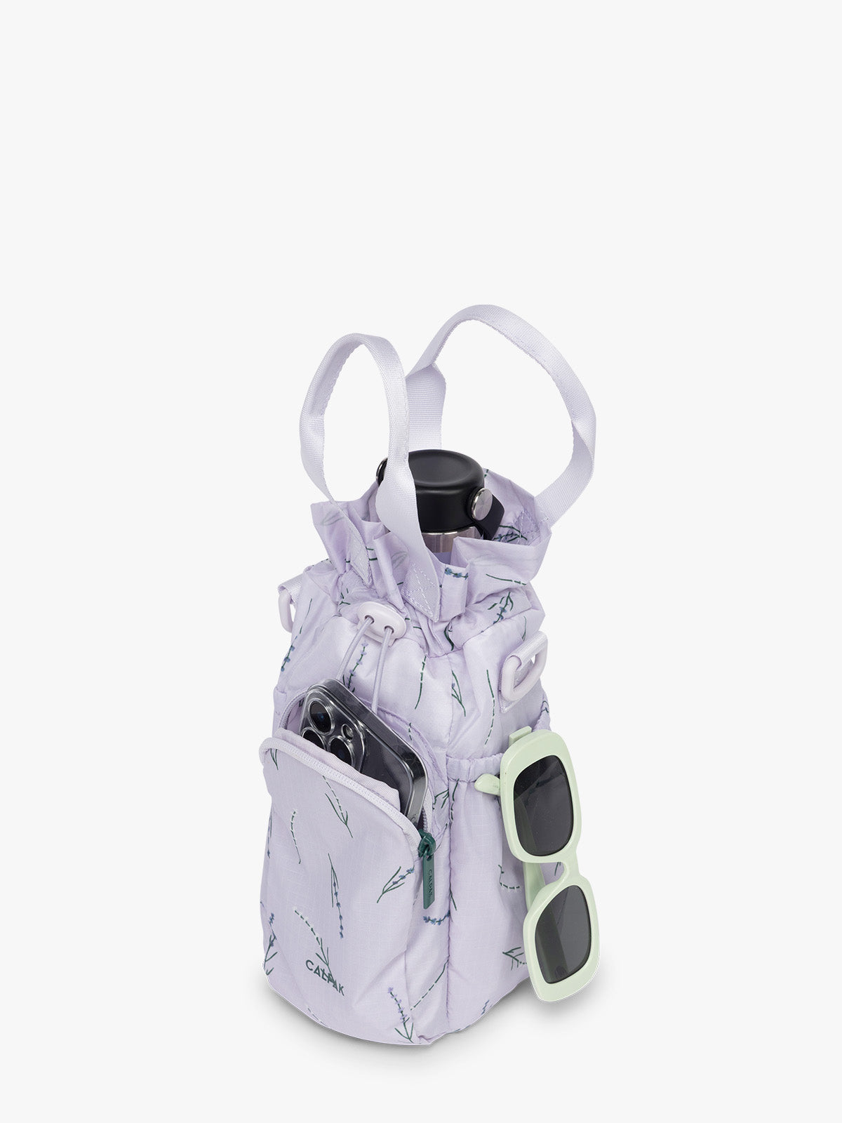 Items of CALPAK Water Bottle Holder in lavender purple with lavender flower print ; AWH2101-LAVENDER-BLOOM
