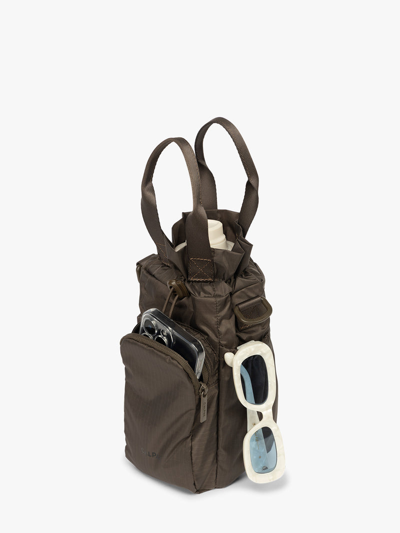CALPAK Water Bottle Holder in brown Mushroom with items