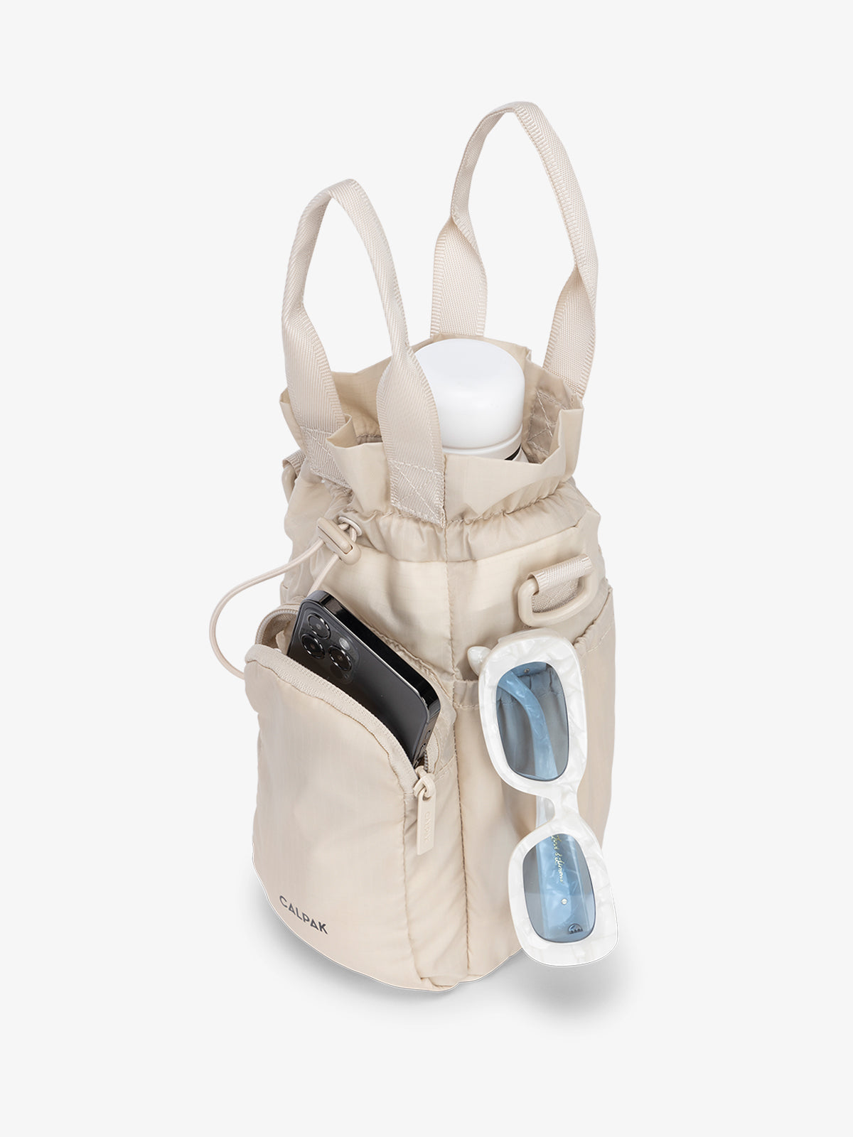 CALPAK Water Bottle carrier with zippered pocket in beige oatmeal; AWH2101-OATMEAL