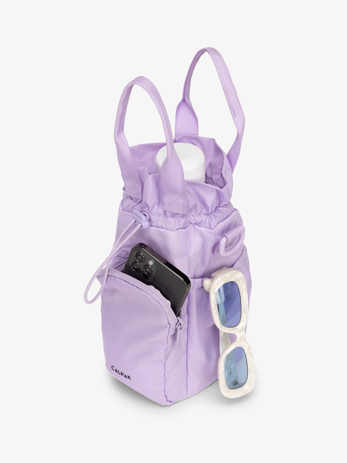 water bottle bag in lavender purple with phone and sunglasses; AWH2101-ORCHID
