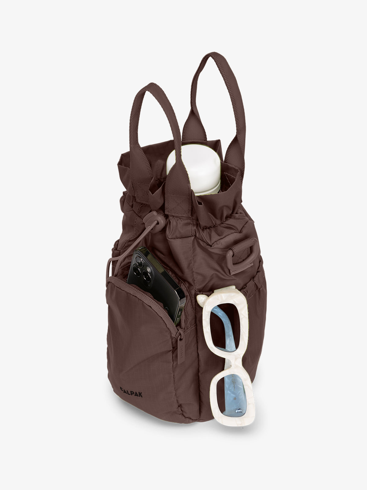 water bottle bag in Walnut with phone and sunglasses; AWH2101-WALNUT