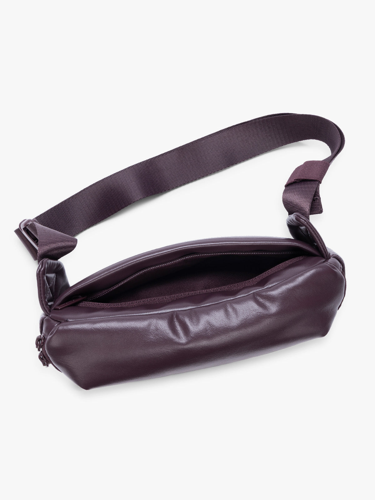 Top view with back zipper pocket of a deep burgundy Dark Cherry vegan leather CALPAK Luka Belt Bag with a zippered front pocket and side straps, shown against a plain white background; BB1901-DARK-CHERRY-PU