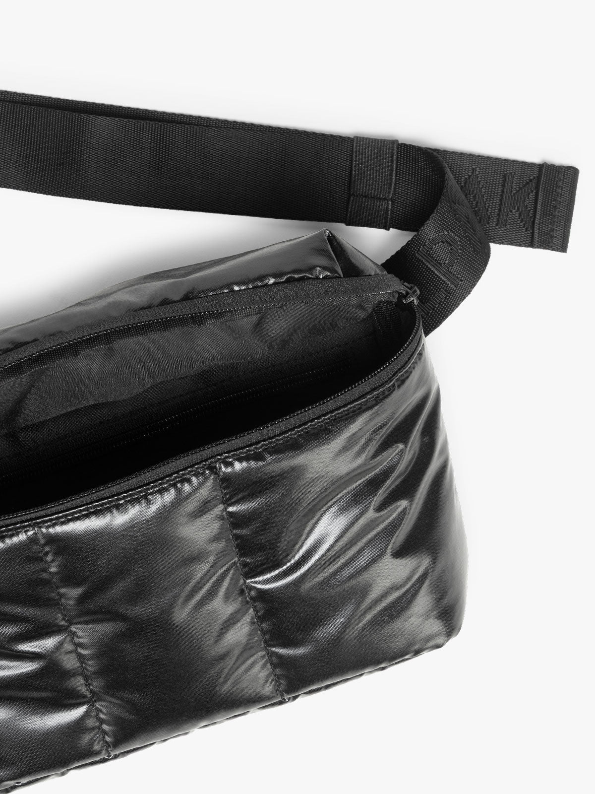 CALPAK Luka Belt Bag in Glazed Black close up; BB1901-GLAZED-BLACK