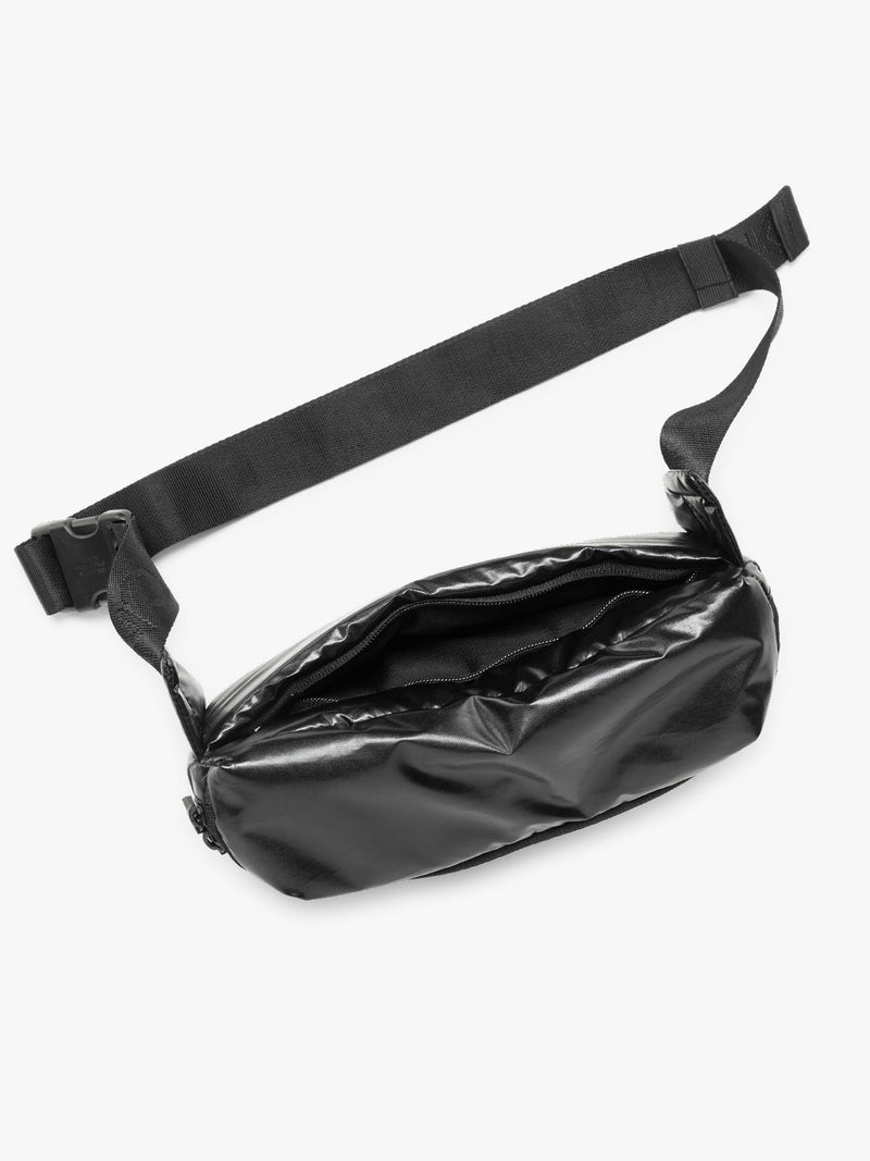CALPAK Luka Belt Bag in Glazed Black opened up