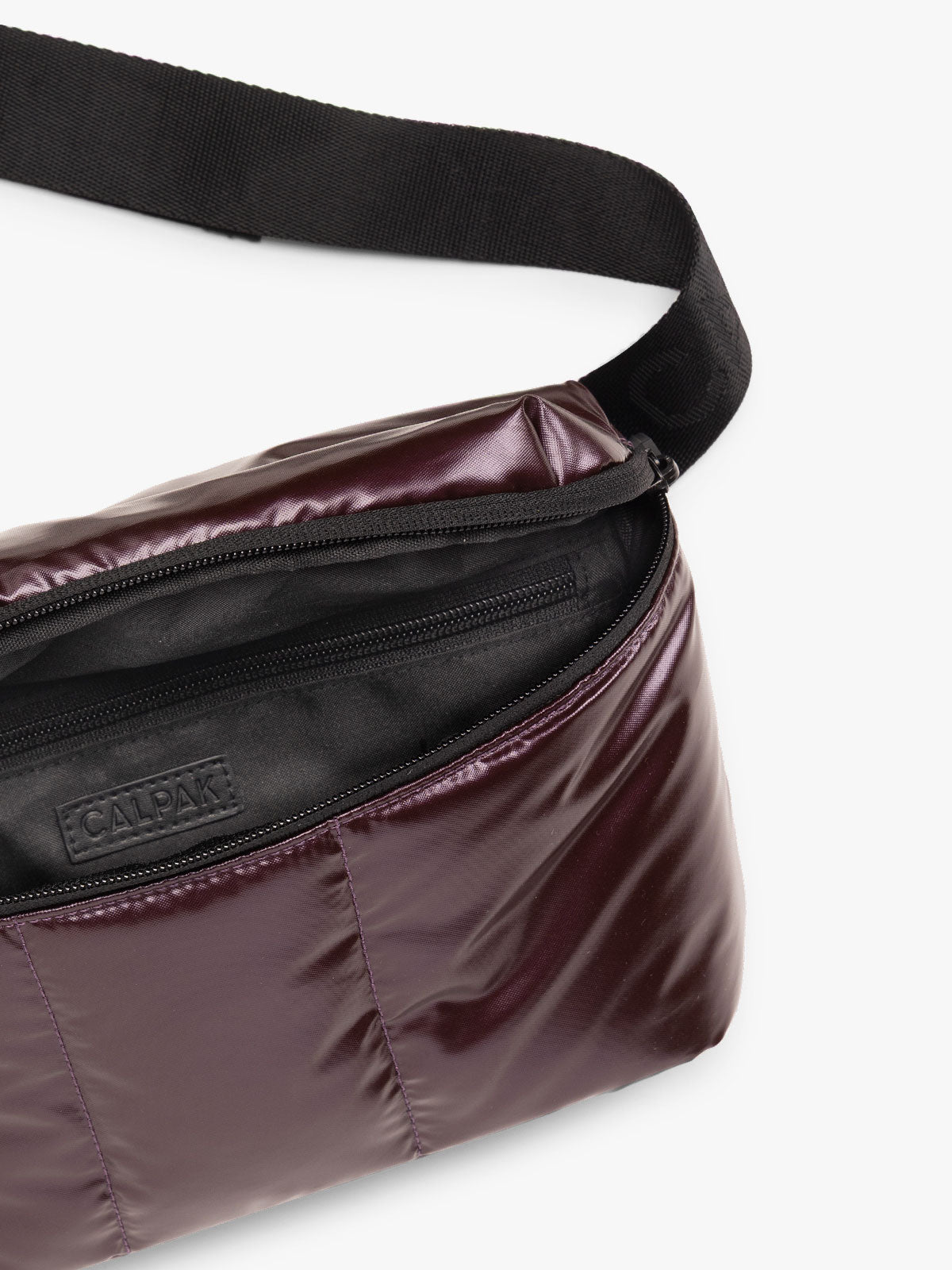 CALPAK Luka Belt Bag in maroon Glazed Dark Cherry close up; BB1901-GLAZED-DARK-CHERRY