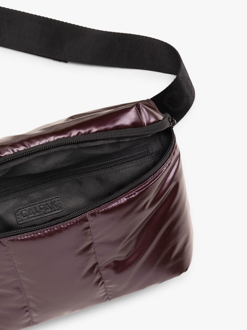 CALPAK Luka Belt Bag in maroon Glazed Dark Cherry close up