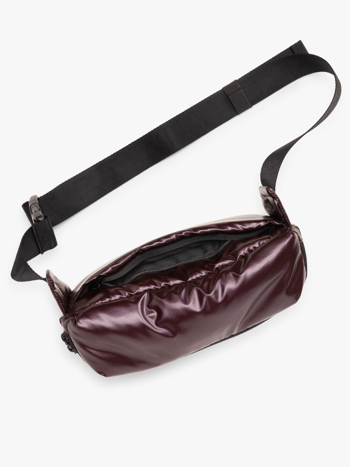 CALPAK Luka Belt Bag in maroon Glazed Dark Cherry opened; BB1901-GLAZED-DARK-CHERRY
