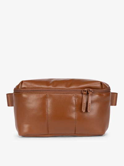 Light Honey Brown Mushroom vegan leather CALPAK Luka Belt Bag with a zippered front pocket and side straps, shown against a plain white background; BB1901-HONEY-BROWN-PU view 1