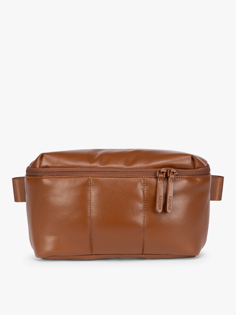 Light Honey Brown Mushroom vegan leather CALPAK Luka Belt Bag with a zippered front pocket and side straps, shown against a plain white background