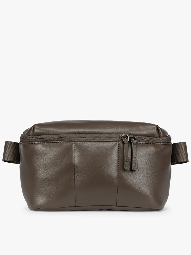 Dark brown Mushroom vegan leather CALPAK Luka Belt Bag with a zippered front pocket and side straps, shown against a plain white background