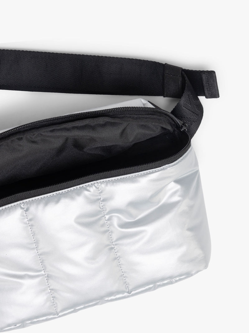 CALPAK Luka Belt Bag in Silver close up