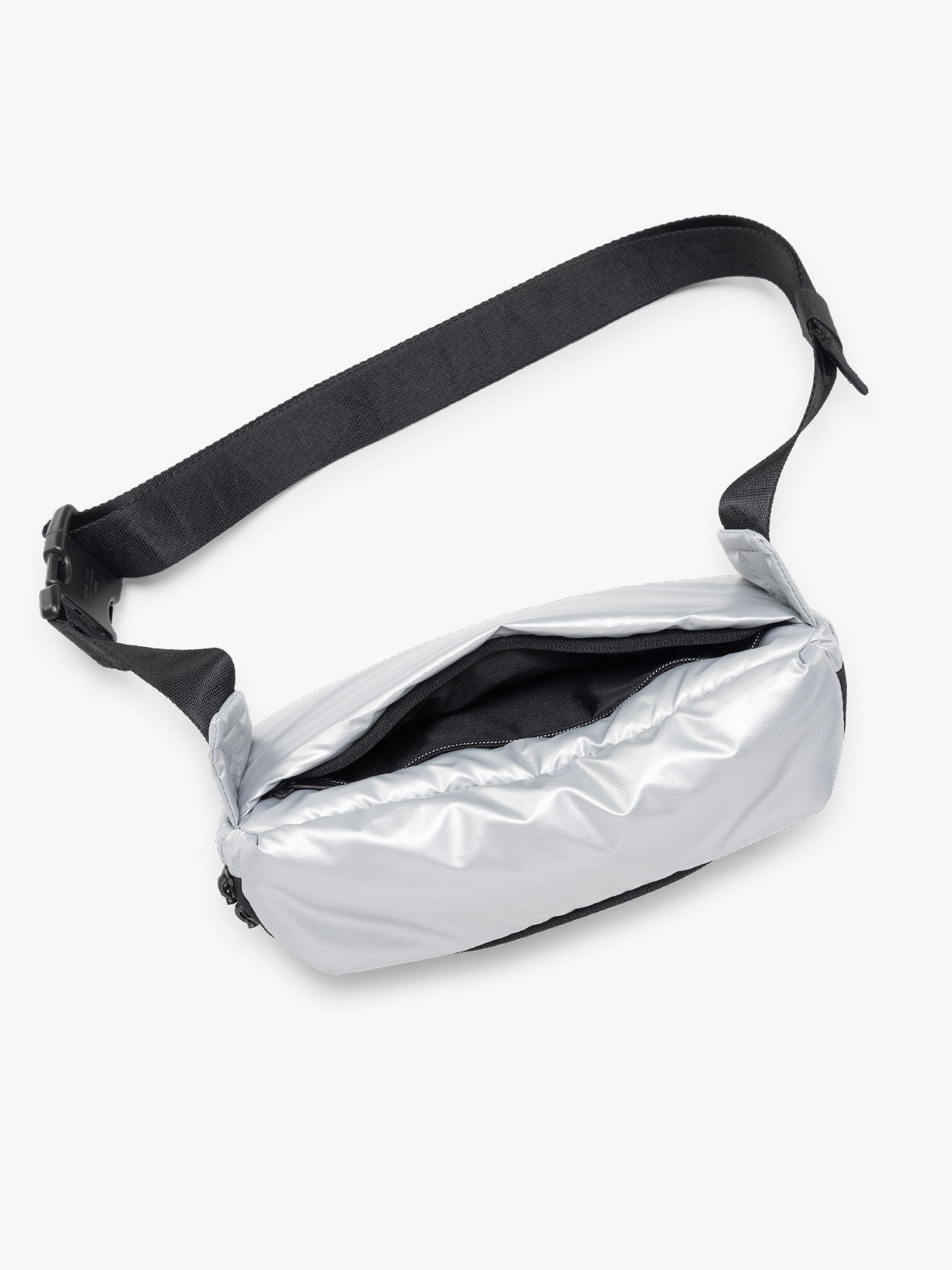 CALPAK Luka Belt Bag in Silver opened; BB1901-SILVER