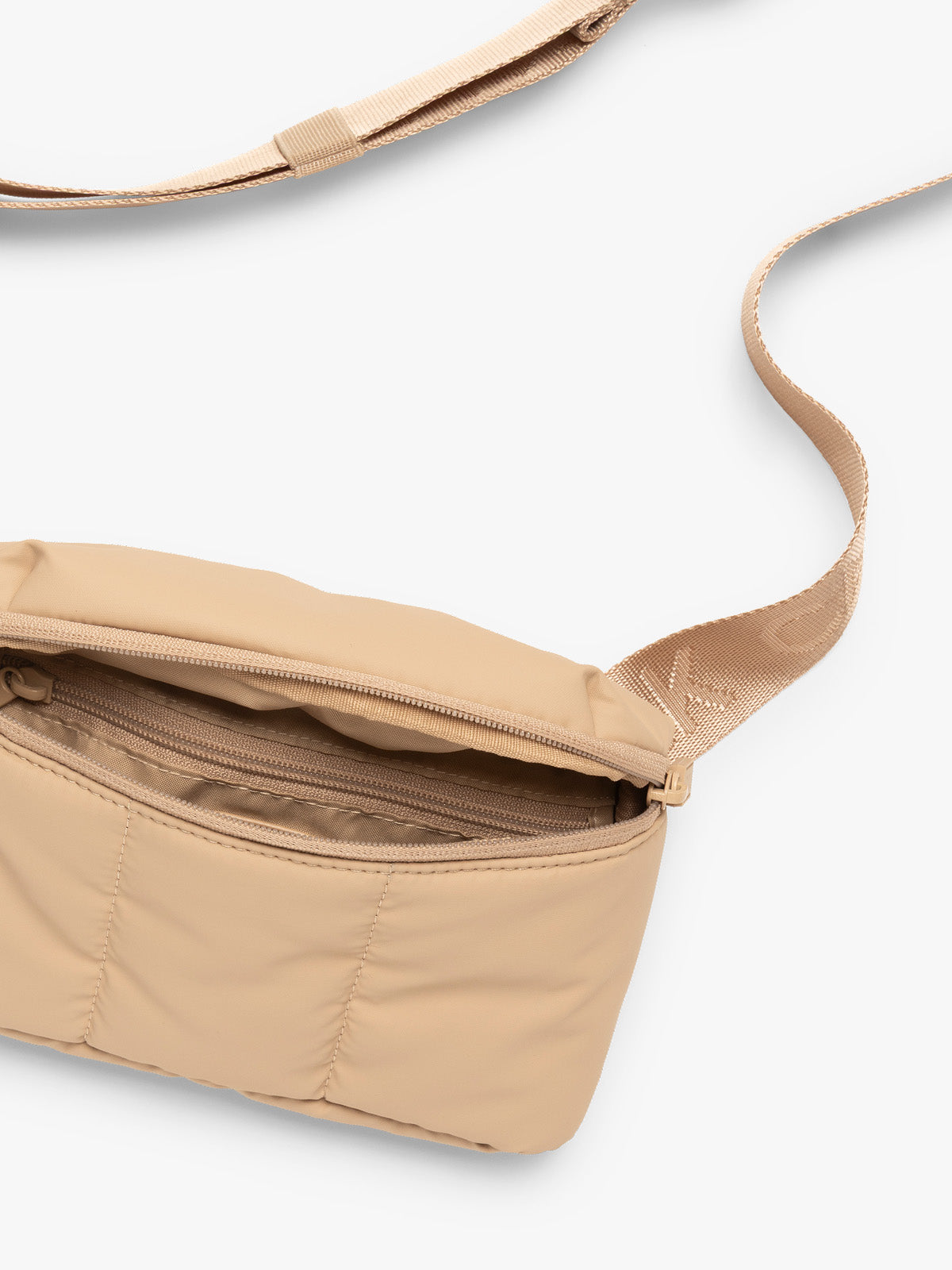 Strap CALPAK Luka Mini Belt Bag in beige Latte on white background; BBM2201-LATTE