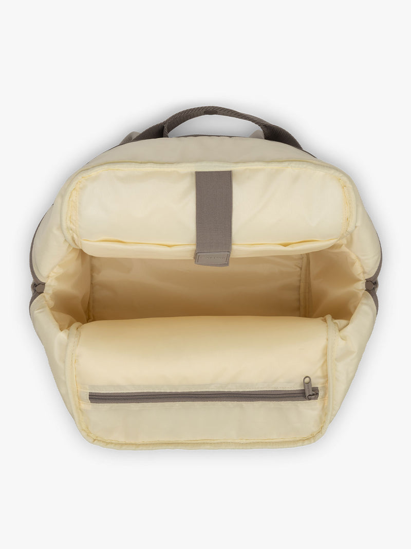 CALPAK Connect Laptop Backpack in grey beige Greige open view with a white background