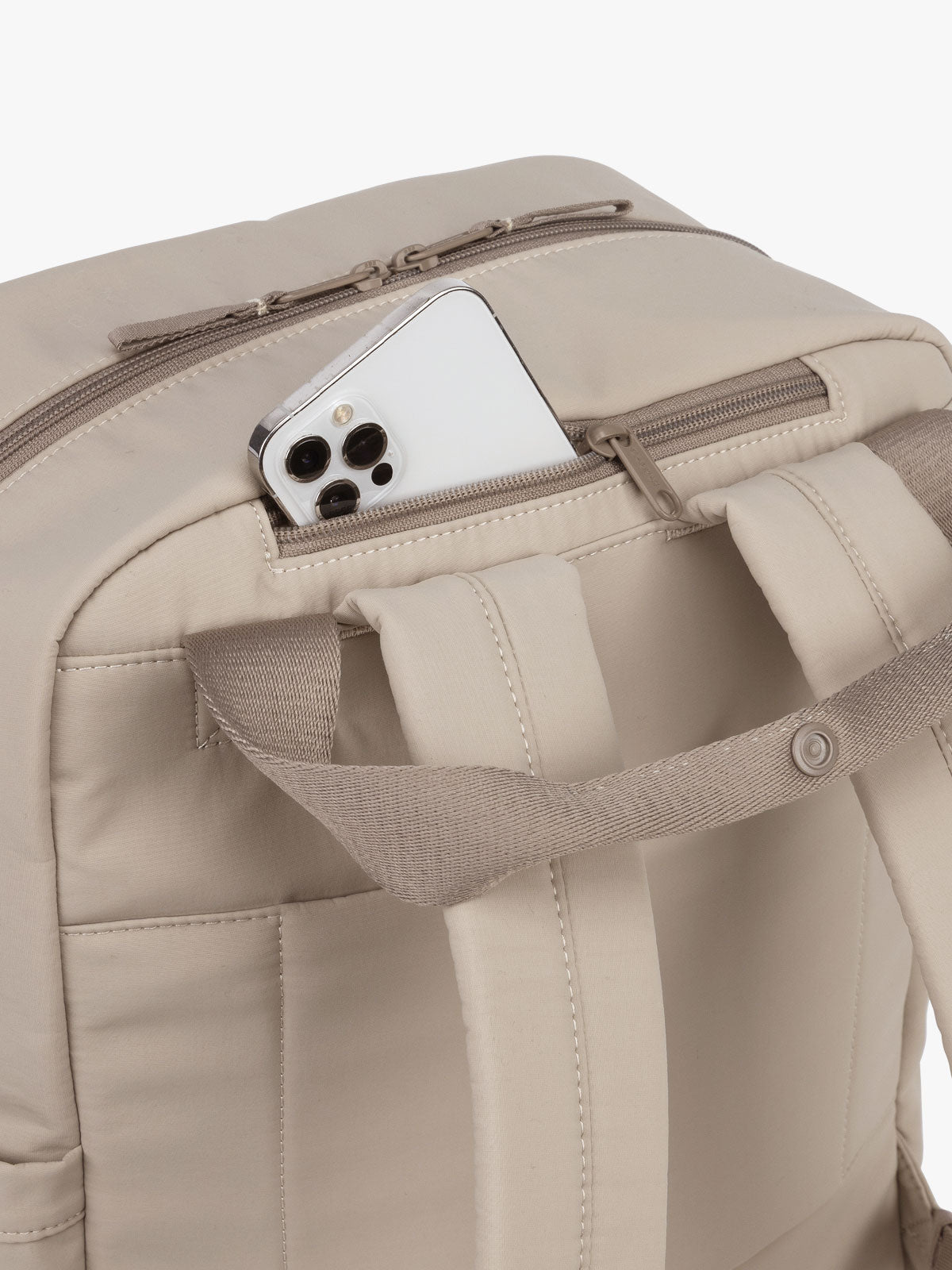 CALPAK Connect Laptop Backpack in grey beige Greige with phone pocket on a white background; BCN2401-GREIGE