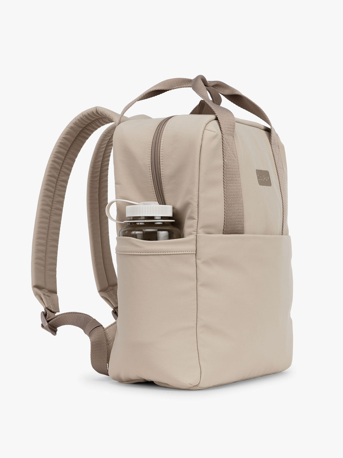 CALPAK Connect Laptop Backpack in grey beige Greige side view with a white background; BCN2401-GREIGE