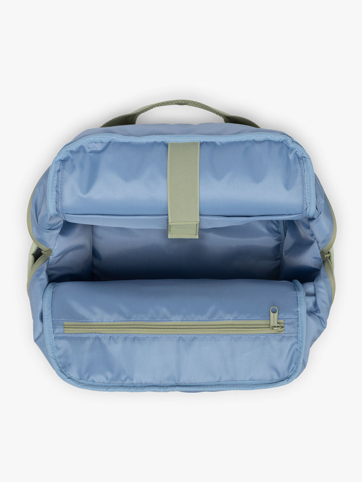 CALPAK Connect Laptop Backpack in light green Meadow opened view on a white background; BCN2401-MEADOW