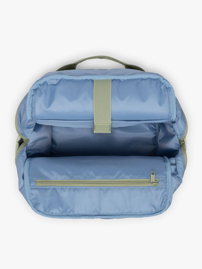 CALPAK Connect Laptop Backpack in light green Meadow opened view on a white background